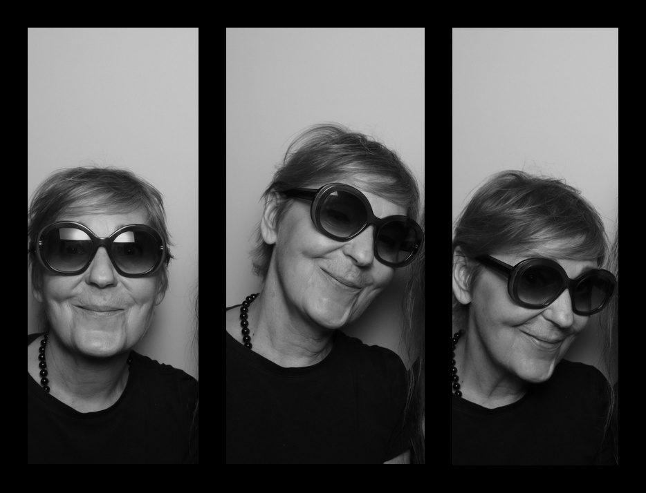 Three-panel black-and-white portrait of Beatrix Mahd Soltani in round sunglasses